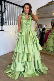 Sage Tiered Halter V-Neck A-Line Sleeveless Satin Prom Dresses with Slit