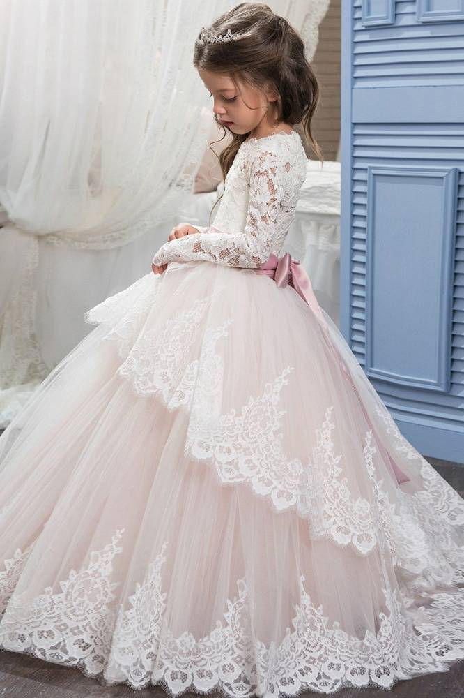 Blushing Pink Ball Gown Long Sleeves Lace Tulle Flower Girl Dresses with Sash