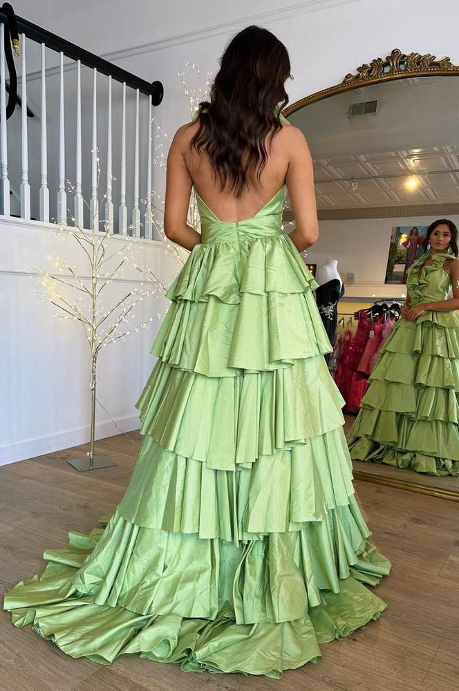 Sage Tiered Halter V-Neck A-Line Sleeveless Satin Prom Dresses with Slit