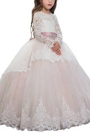 Blushing Pink Ball Gown Long Sleeves Lace Tulle Flower Girl Dresses with Sash