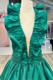 Dark Green Tiered Halter V-Neck A-Line Sleeveless Satin Prom Dresses with Slit