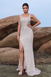 Square Neck Mermaid Sequin Evening Dresses with Slit