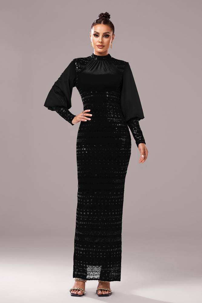 Black Sequined High Neck Mermaid Evening Dresses with Long Sleeves