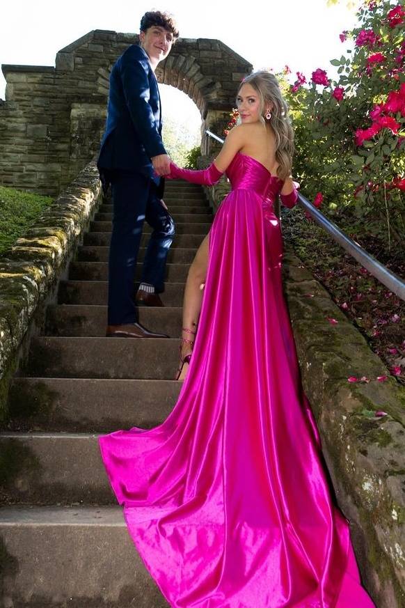 Fuchsia Glamorous Strapless Split Front Mermaid Prom Dresses with Chapel Train