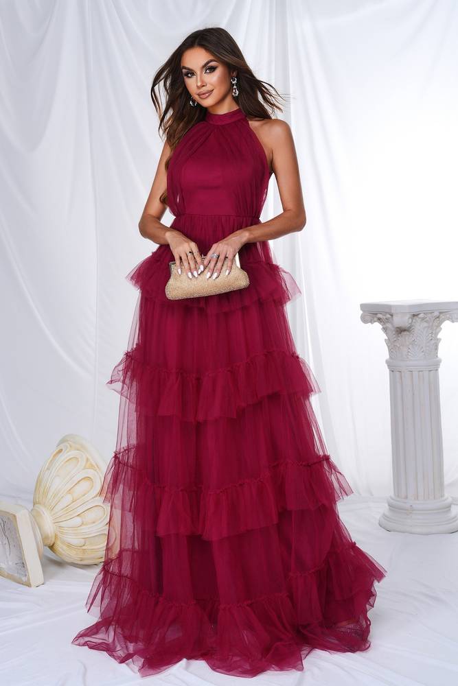 Red A-Line Tulle High Neck Prom Evening Dresses with Ruffles