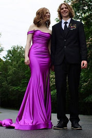 Purple Long Off-The-Shoulder Satin Mermaid Prom Dresses