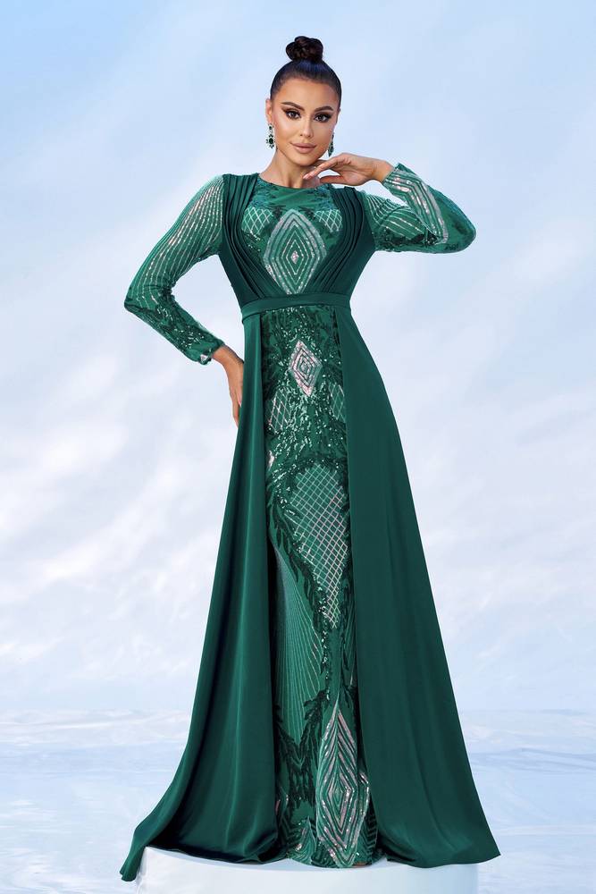 Dark Green Sequined Mermaid Long Sleeves Evening Dresses with Train