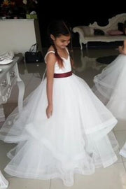 White A-Line Spaghetti Straps Tulle Flower Girl Dresses with Sash