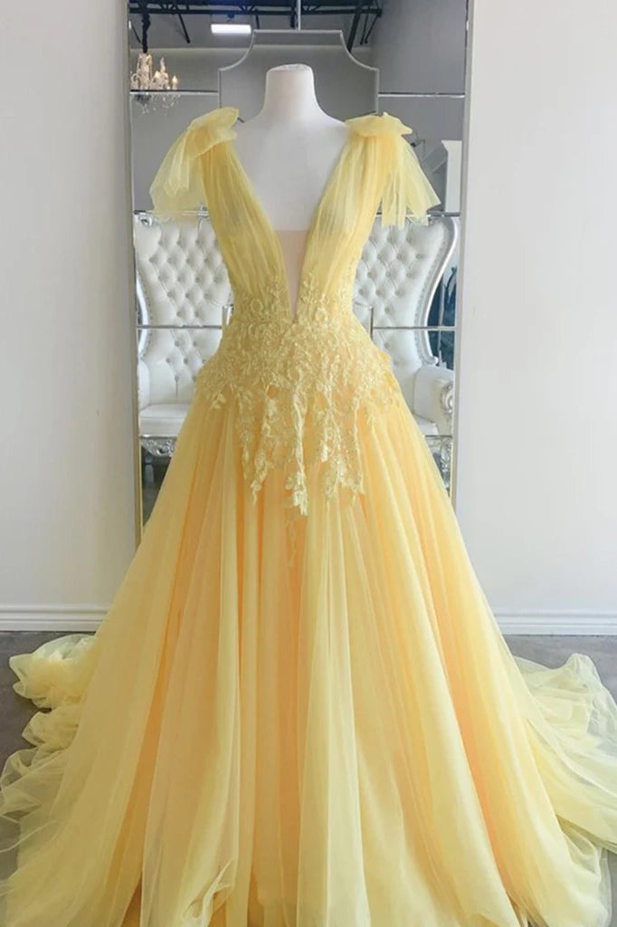 Yellow Deep V-Neck A-Line Backless Formal Evening Dresses with Appliques