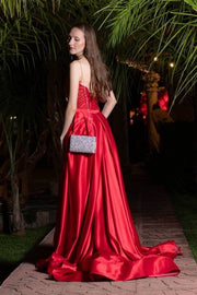 Red V-Neck Strapless Mermaid Lace  Satin Prom Dresses with Detachable Train