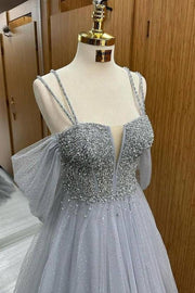 Deluxe V-Neck Spaghetti Straps Off-The-Shoulder Sequined Tulle Prom Dresses