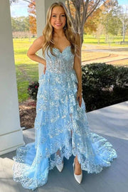 Light Blue Strapless A-Line Tiered Prom Party Dresses with Slit