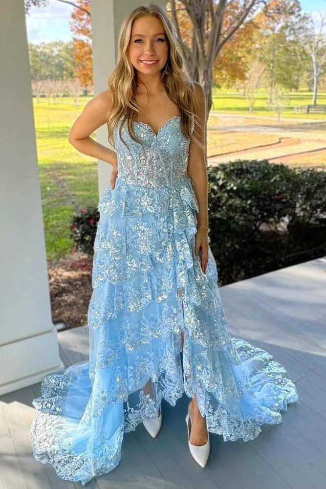 Light Blue Strapless A-Line Tiered Prom Party Dresses with Slit