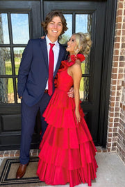 Red Tiered Halter V-Neck A-Line Sleeveless Satin Prom Dresses with Slit