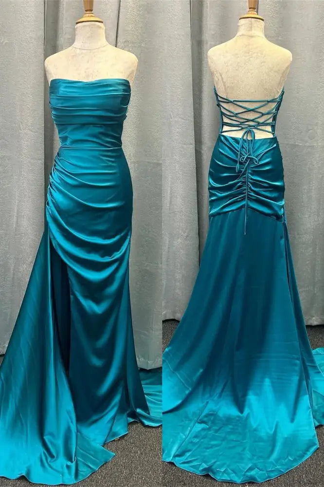 Ocean Blue Strapless Mermaid Long Satin Prom Dresses with Slit