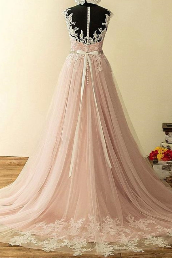 Pink Jewel Neck Sleeveless A-Line Lace Long Tulle Wedding Dresses