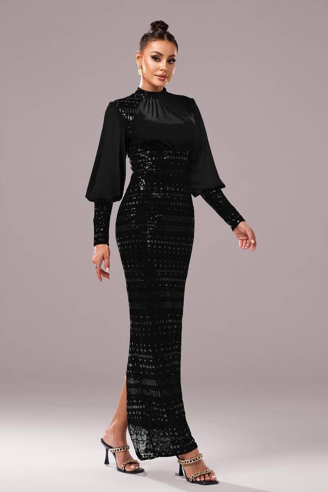 Black Sequined High Neck Mermaid Evening Dresses with Long Sleeves