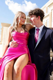 Fuchsia Glamorous Strapless Split Front Mermaid Prom Dresses with Chapel Train