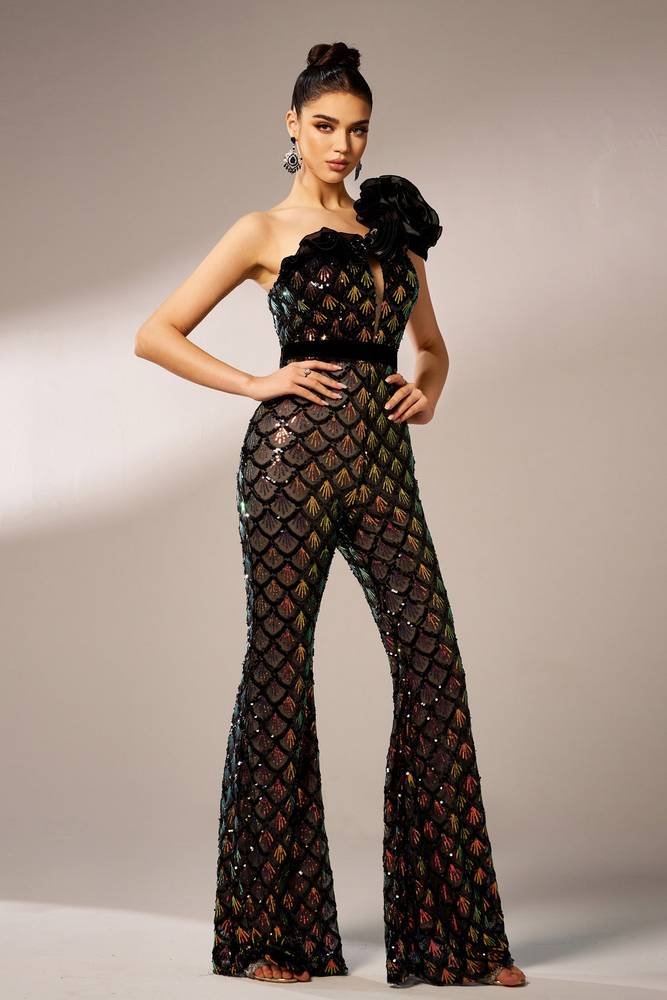 Sequined One-Shoulder Jumpsuit Evening Dresses with Handmade Flower