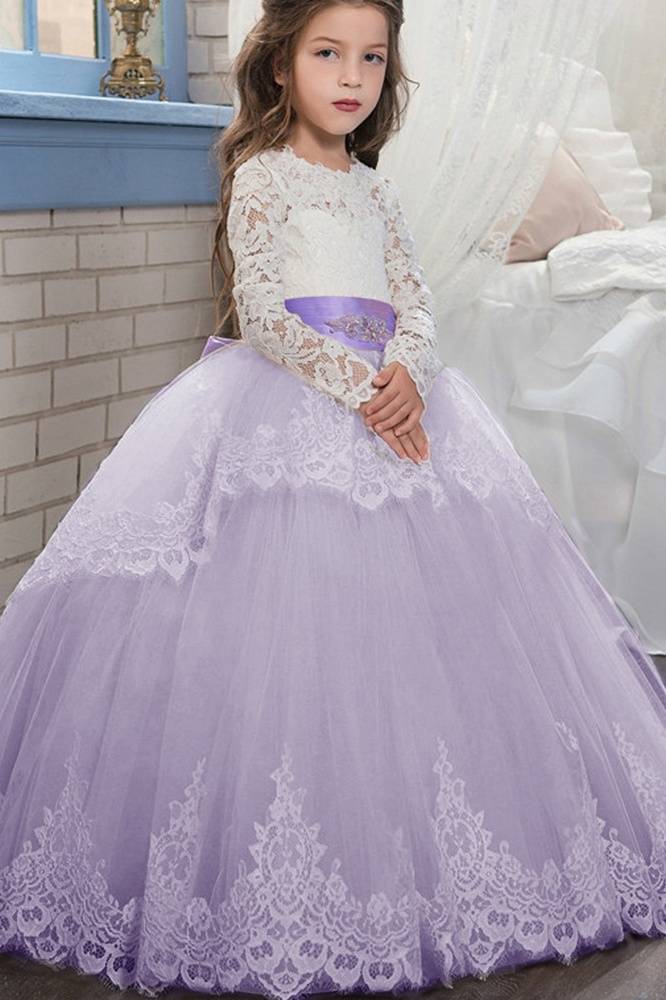 Lavender Ball Gown Long Sleeves Lace Tulle Flower Girl Dresses with Sash