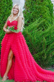 Red Split Front Tiered Tulle Formal Party Dresses with Beads