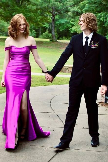 Purple Long Off-The-Shoulder Satin Mermaid Prom Dresses