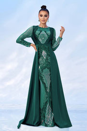 Dark Green Sequined Mermaid Long Sleeves Evening Dresses with Train