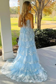 Light Blue Strapless A-Line Tiered Prom Party Dresses with Slit