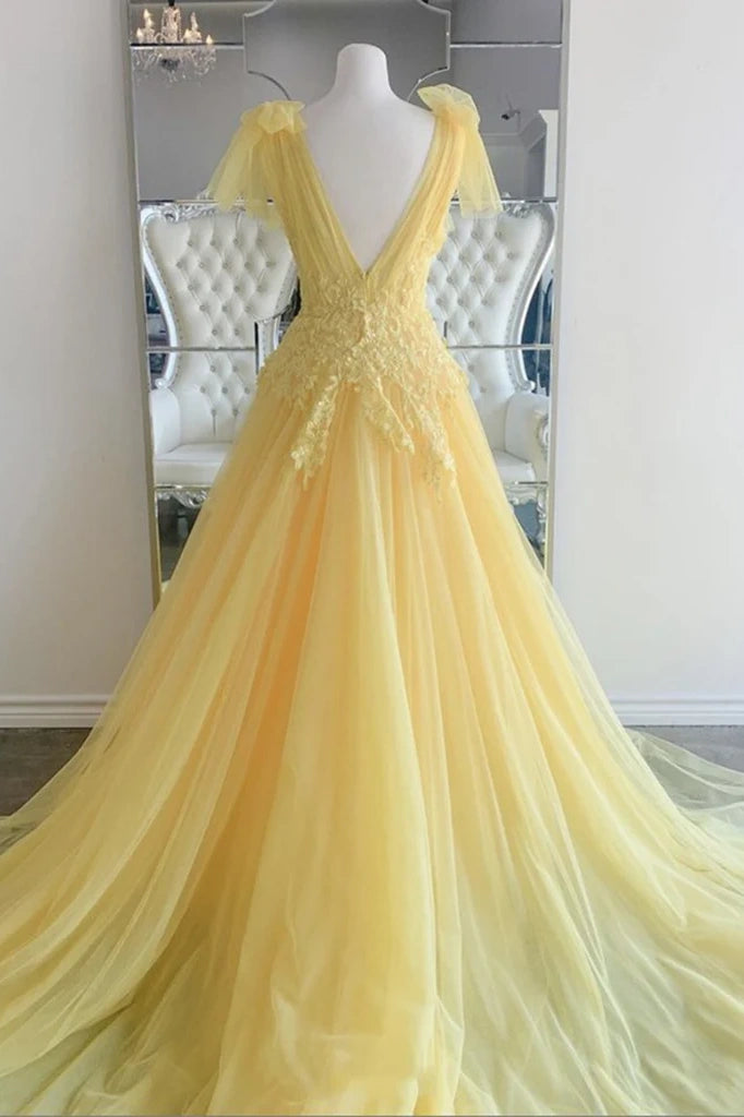 Yellow Deep V-Neck A-Line Backless Formal Evening Dresses with Appliques