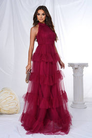 Red A-Line Tulle High Neck Prom Evening Dresses with Ruffles