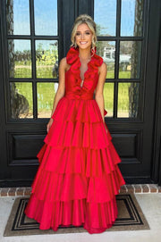 Red Tiered Halter V-Neck A-Line Sleeveless Satin Prom Dresses with Slit