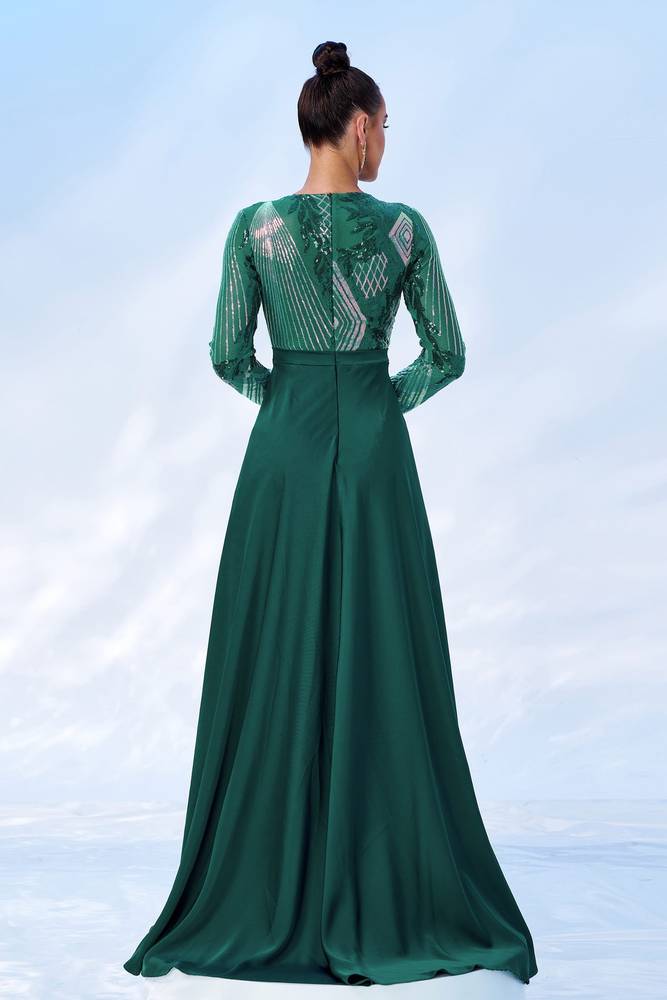 Dark Green Sequined Mermaid Long Sleeves Evening Dresses with Train