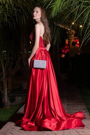 Red V-Neck Strapless Mermaid Lace  Satin Prom Dresses with Detachable Train