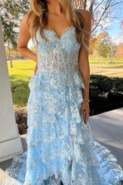 Light Blue Strapless A-Line Tiered Prom Party Dresses with Slit