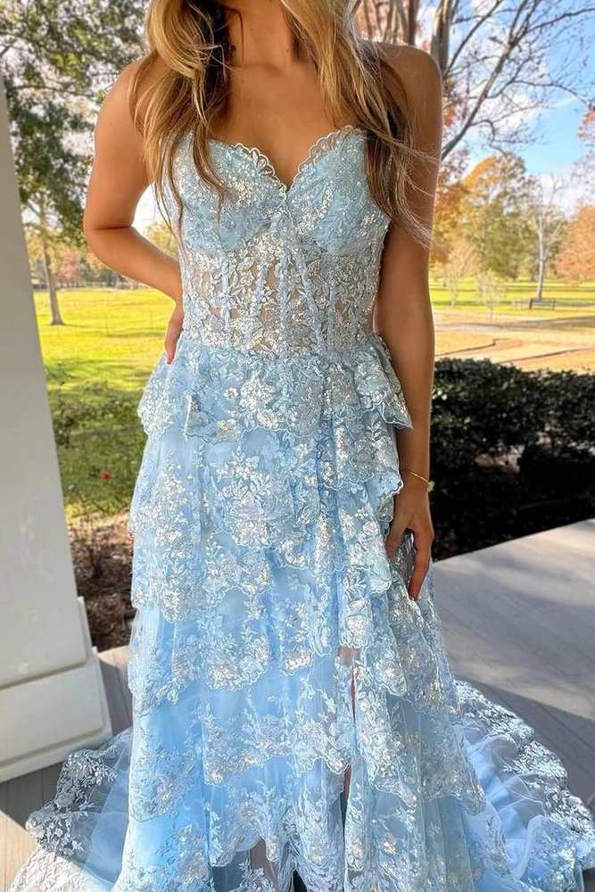 Light Blue Strapless A-Line Tiered Prom Party Dresses with Slit