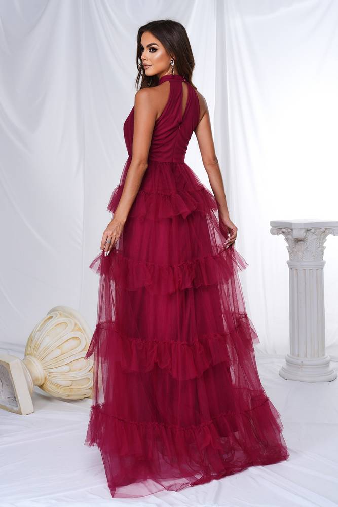 Red A-Line Tulle High Neck Prom Evening Dresses with Ruffles