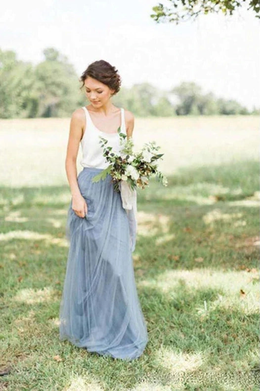 Dusty Blue Sleeveless A-Line Tulle Bridesmaid Dresses