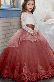 Red Ball Gown Long Sleeves Lace Tulle Flower Girl Dresses with Sash