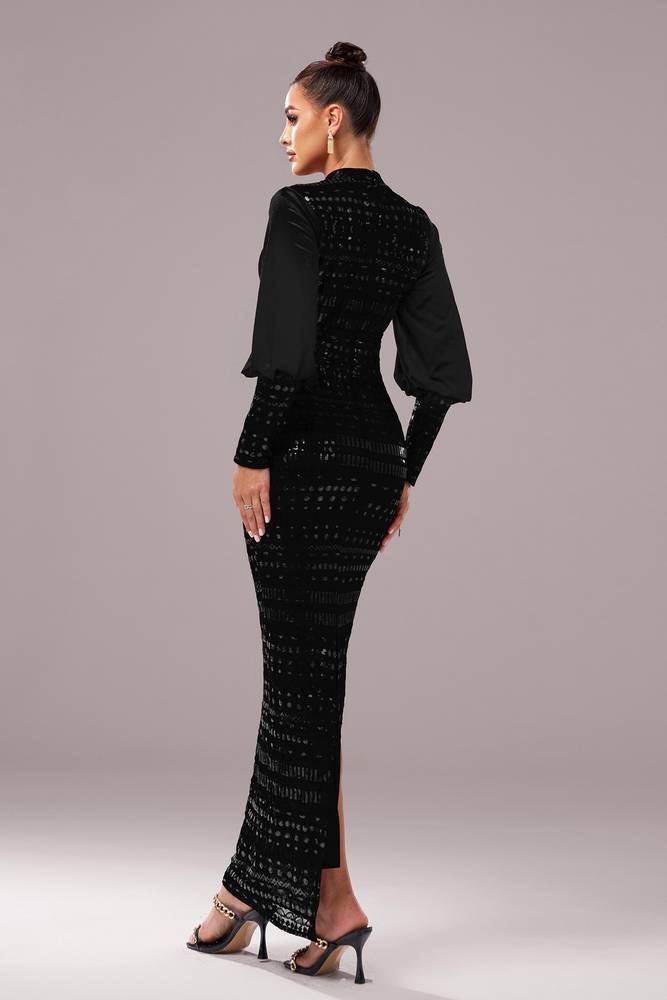 Black Sequined High Neck Mermaid Evening Dresses with Long Sleeves