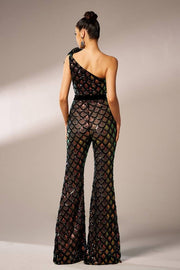 Sequined One-Shoulder Jumpsuit Evening Dresses with Handmade Flower