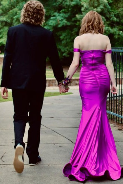 Purple Long Off-The-Shoulder Satin Mermaid Prom Dresses