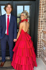 Red Tiered Halter V-Neck A-Line Sleeveless Satin Prom Dresses with Slit