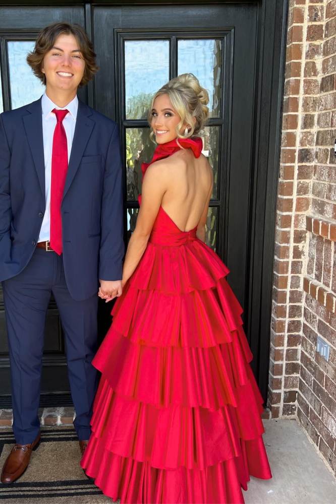 Red Tiered Halter V-Neck A-Line Sleeveless Satin Prom Dresses with Slit