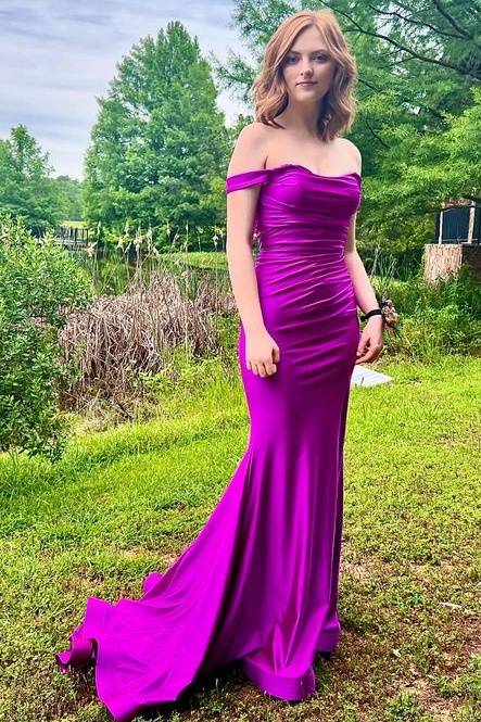 Purple Long Off-The-Shoulder Satin Mermaid Prom Dresses