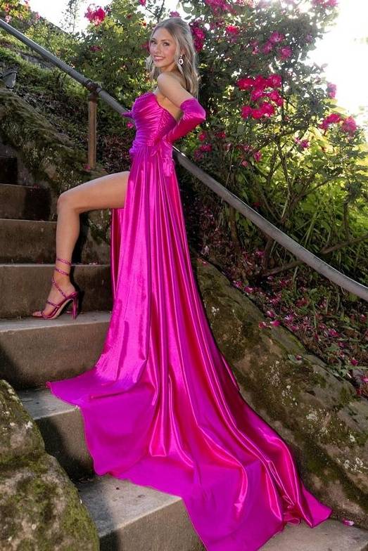 Fuchsia Glamorous Strapless Split Front Mermaid Prom Dresses with Chapel Train