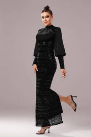 Black Sequined High Neck Mermaid Evening Dresses with Long Sleeves