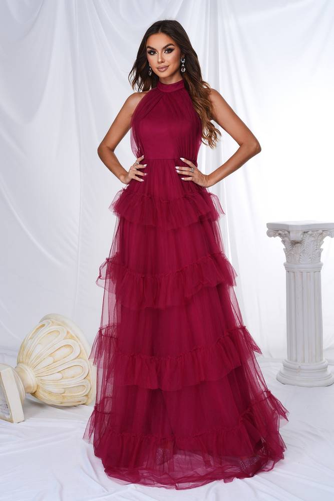 Red A-Line Tulle High Neck Prom Evening Dresses with Ruffles