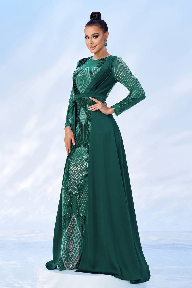 Dark Green Sequined Mermaid Long Sleeves Evening Dresses with Train