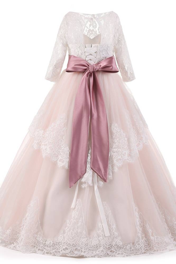 Blushing Pink Ball Gown Long Sleeves Lace Tulle Flower Girl Dresses with Sash