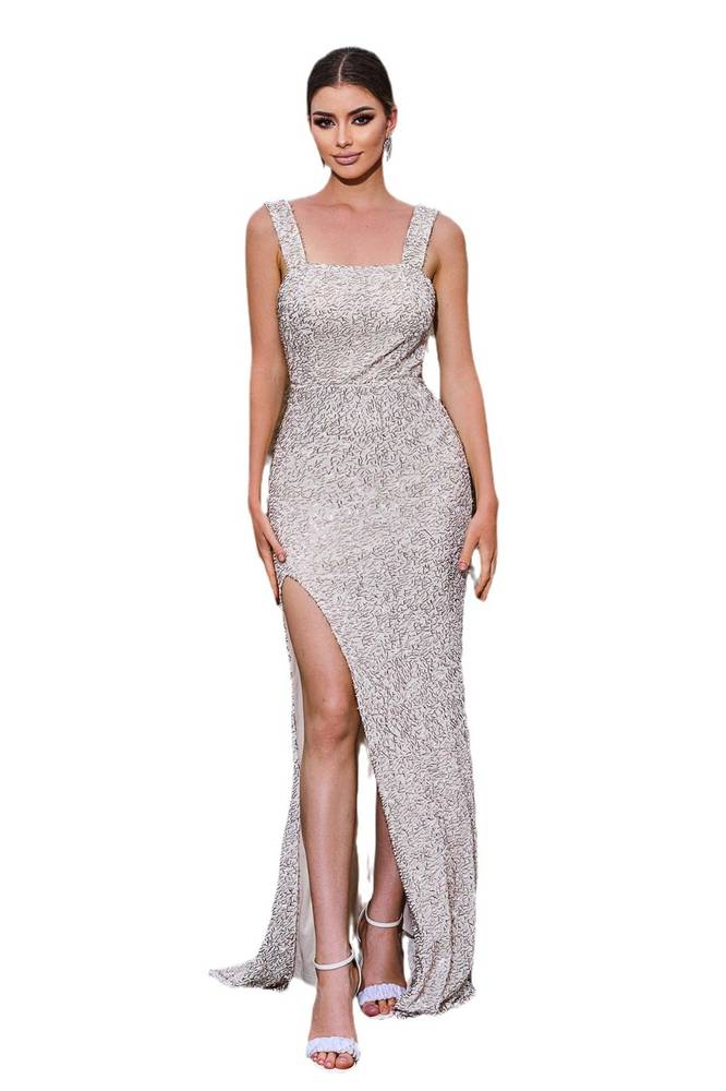 Square Neck Mermaid Sequin Evening Dresses with Slit